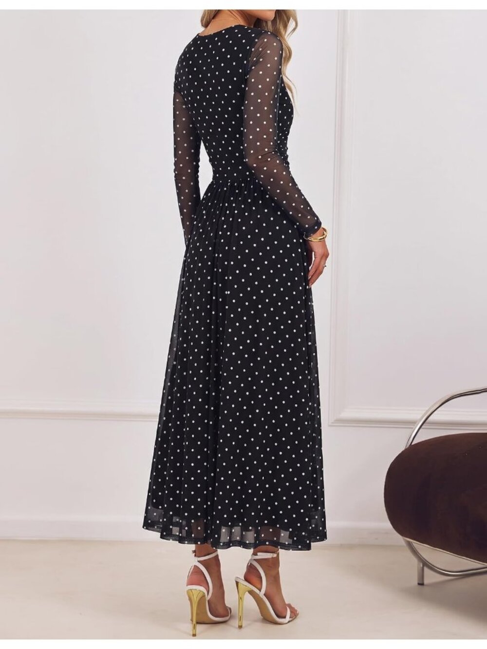 Women's Blackdot Crewneck Maxi Long Sleeve Elegant Slimming Cocktail Dresses - Picture 5 of 6